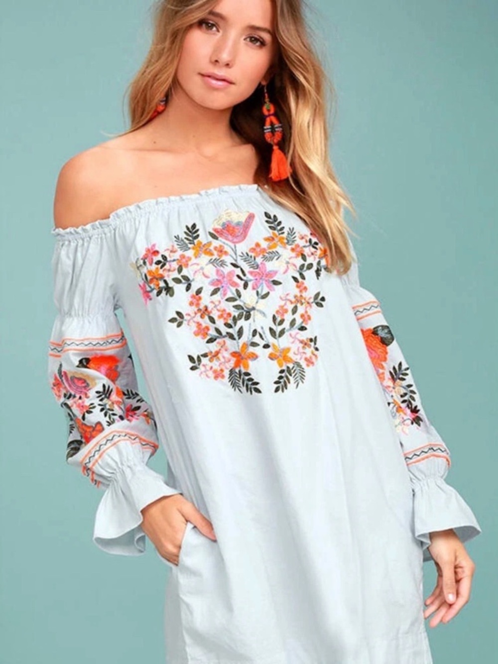 Free People Flyer du Jour light blue embroidered off shoulder tunic dress sz L